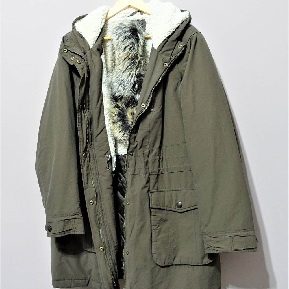 Brown Green Puffer Fleece Collar Jacket for Women Winter Full Zipper Pockets XL